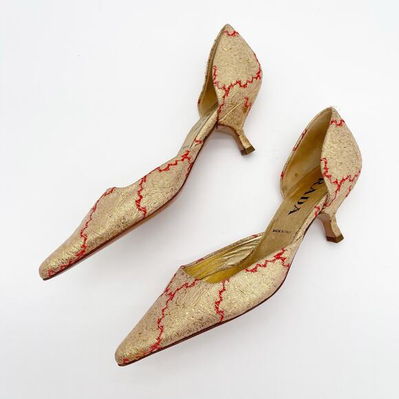 Prada Vintage Gold Brocade Red Woven D’Orsay Pointed Toe Kitten Heels IT 36 - Picture 4 of 11